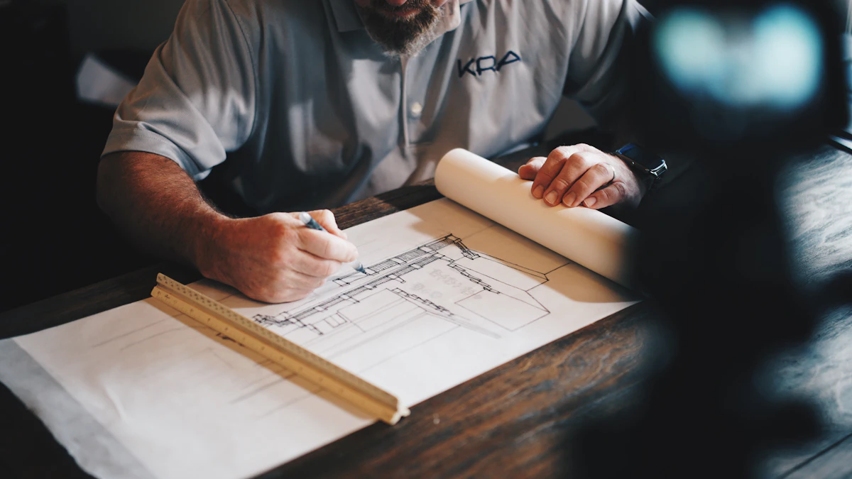 Plans d'exécution d'un chalet signé Chalet Modulaire sur la table de l'atelier