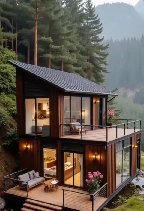 Chalet modulaire à deux niveaux, terrasses en bois fleuries au cœur de la forêt