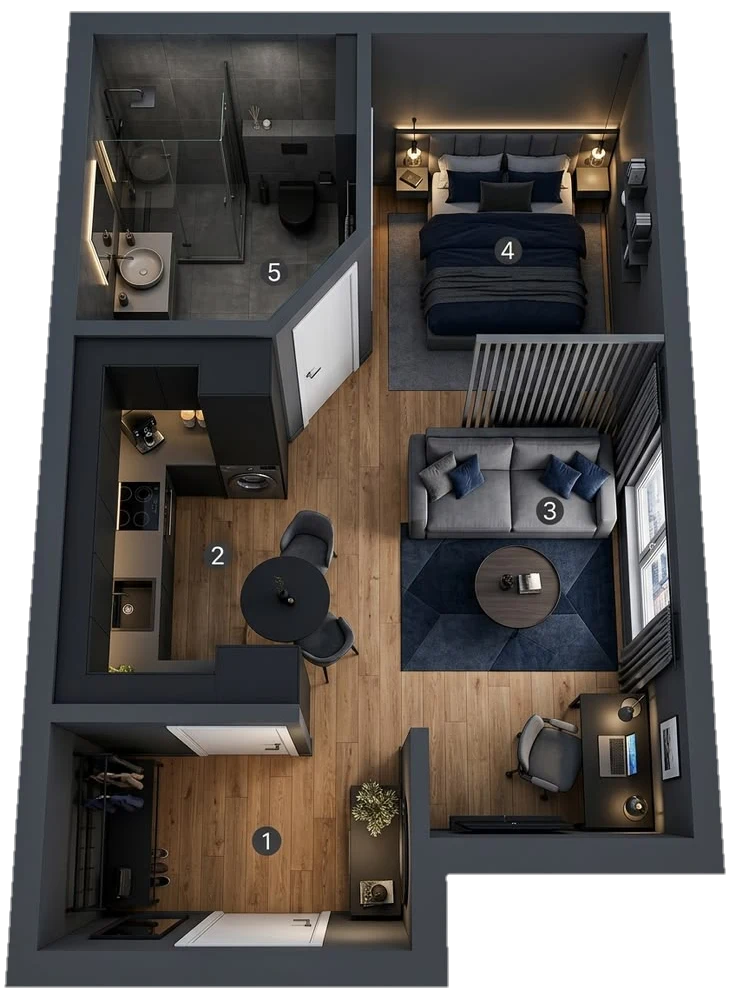 Plan 3D meublé du L'Alpage vu du dessus